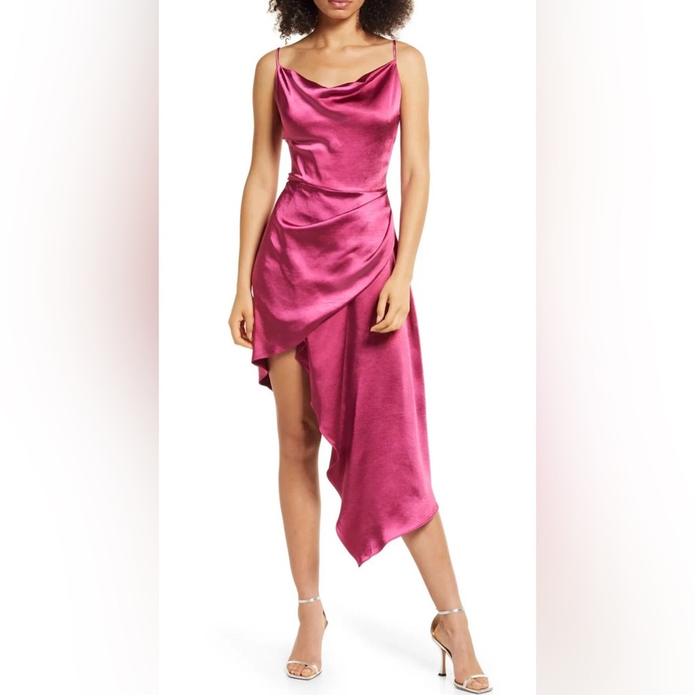 Elliatt Pink Jacinda Asymmetrical Satin Dress, Small